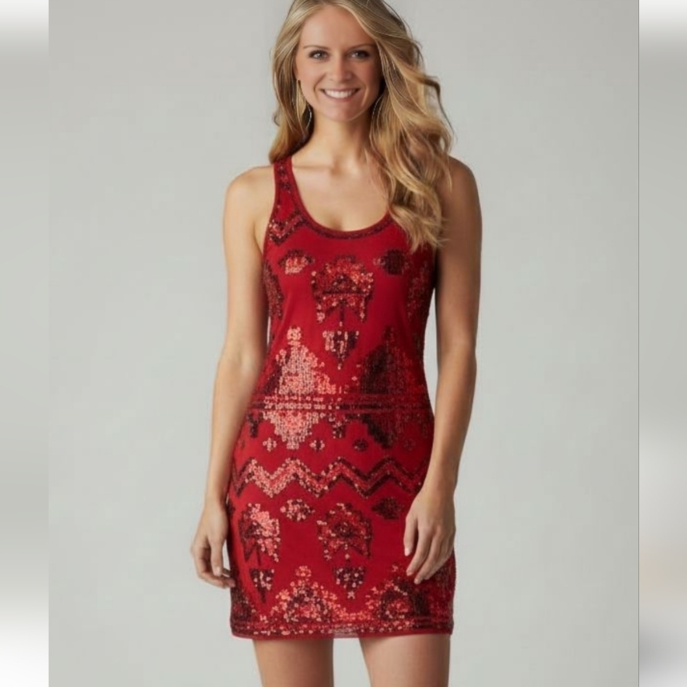 Wallflower Red Sequin Embellished Mini Tank Bodycon Tribal Dress Size Medium